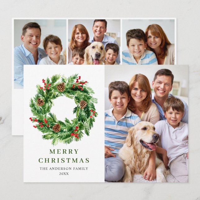 Cartão De Festividades Coroa de Natal de Cones de Pinheiro com Azevinho e (Frente/Verso)