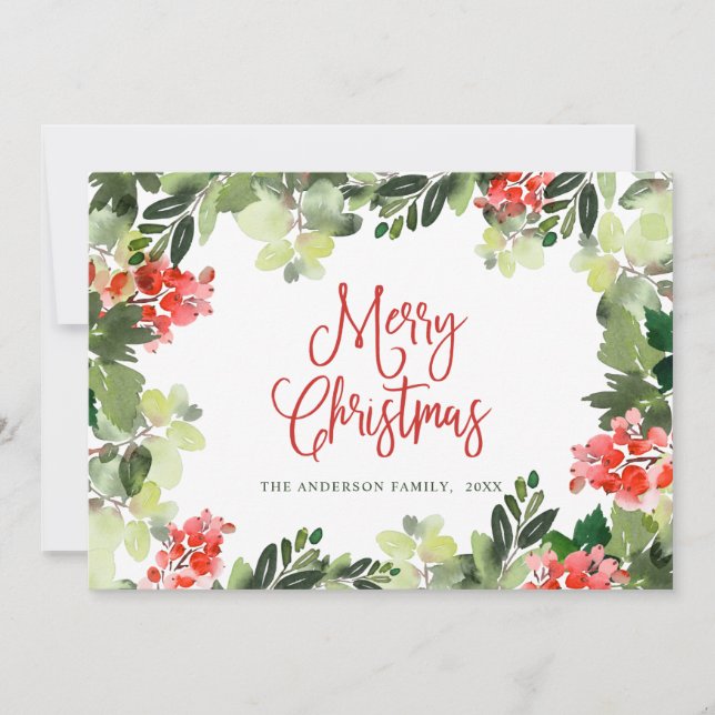 Cartão De Festividades Coroa de Natal de Festivas Folhas de Azevinho e Fr (Frente)