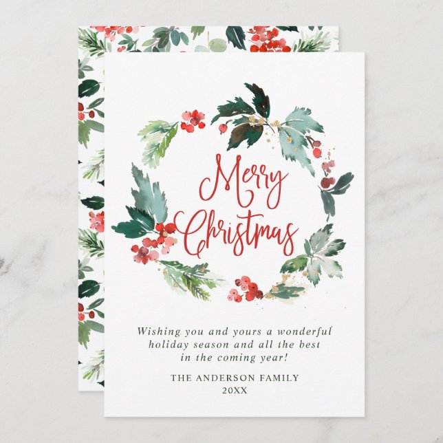 Cartão De Festividades Coroa de Natal de Folhas de Azevinho e Frutas Nata (Frente/Verso)