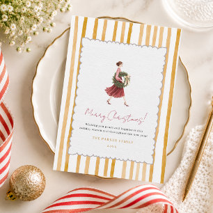 Cartão De Festividades Coroa de Natal de Mulher Elegante Listras Amarelas