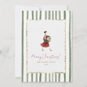 Cartão De Festividades Coroa de Natal de Mulher Elegante Listras Verdes F