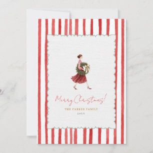 Cartão De Festividades Coroa de Natal de Mulher Elegante Listras Vermelha
