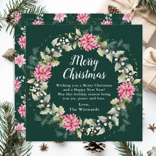 Cartão De Festividades Coroa de Natal de Poinsettia Rosa Feliz Natal