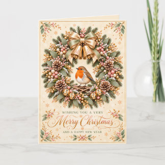 Cartão De Festividades Coroa de Natal do Robin Rosa Dourado Sininhos