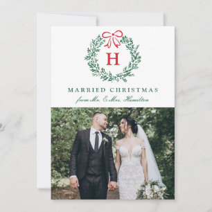 Cartão De Festividades Coroa de Natal Elegante Casados Monograma 4 Fotos