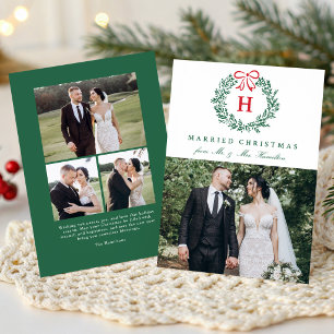 Cartão De Festividades Coroa de Natal Elegante Casados Monograma 4 Fotos