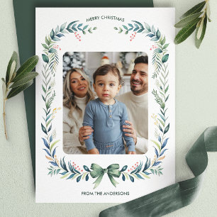 Cartão De Festividades Coroa de Natal em Aquarela com Laço Verde Foto de