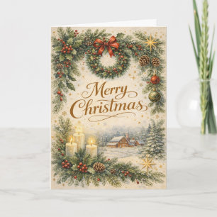 Cartão De Festividades Coroa de Natal Evergreen Vintage Feliz Natal