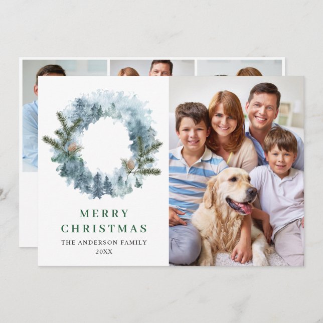 Cartão De Festividades Coroa de Natal Festiva de Azevinho 4 FOTO Saudação (Frente/Verso)