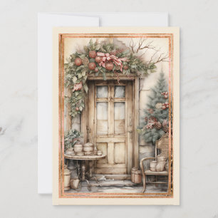 Cartão De Festividades Coroa de Natal na porta Vitoriana decorada
