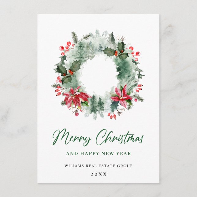 Cartão De Festividades Coroa de Natal Paisagem Folhas de Azevinho Frutas  (Frente)