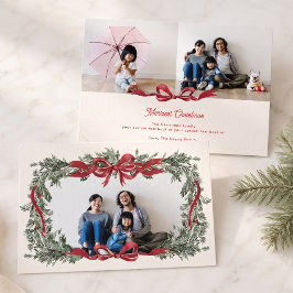 Cartão De Festividades Coroa de Natal Personalizada Laço Vermelho 3 Fotos