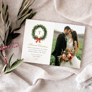 Cartão De Festividades Coroa de Natal Recém-Casados Monograma Foto