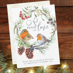 Cartão De Festividades Coroa de Natal Robin Azevinho Pinheiro Paz & Amor