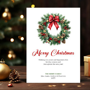 Cartão De Festividades Coroa de Pinheiro Clássica Aquarela Feliz Natal