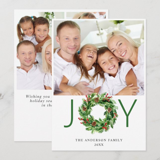 Cartão De Festividades Coroa de pinheiro com azevinho 4 FOTO Saudação (Frente/Verso)