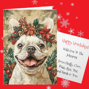 Cartão De Festividades Coroa Floral de Natal de Bulldog Francês Branco Pe