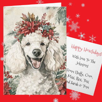 Cartão De Festividades Coroa Floral de Natal de Poodle Branco Personaliza