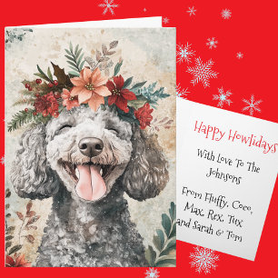 Cartão De Festividades Coroa Floral de Natal de Poodle Cinza Personalizad