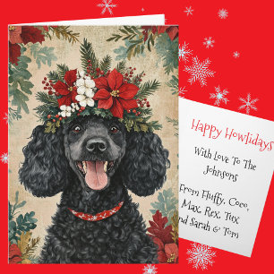 Cartão De Festividades Coroa Floral de Natal de Poodle Preto Personalizad