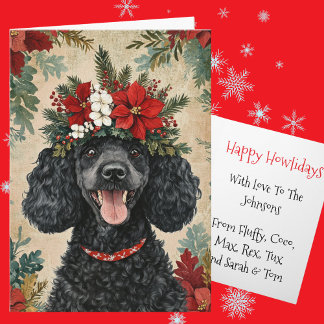 Cartão De Festividades Coroa Floral de Natal de Poodle Preto Personalizad