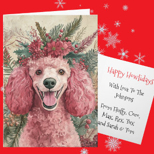 Cartão De Festividades Coroa Floral de Natal de Poodle Rosa Personalizada