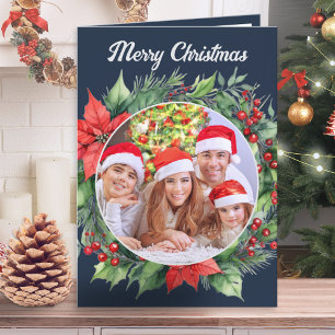Cartão De Festividades Coroa Rústica Família Foto Natal Azul Marinho de N