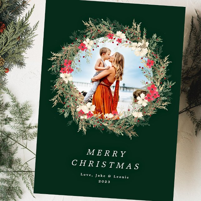 Cartão De Festividades coroa verde moderna uma foto feliz natal (Criador carregado)