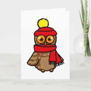 Cartão De Festividades Coruja bonito com chapéu e lenço do inverno