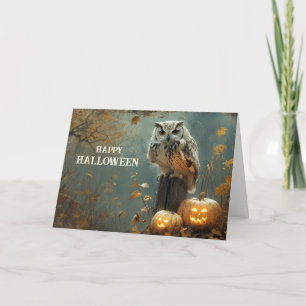 Cartão De Festividades Coruja de Halloween Vintage e Jack O Lanterns