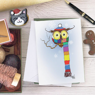 Cartão De Festividades Coruja de Inverno Fofa com Cachecol e Chapéu Arco-
