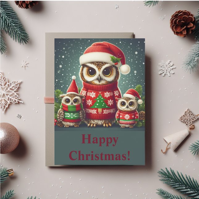 Cartão De Festividades Coruja divertida (Cute owls in Christmas sweaters and Christmas hats. You can personalize the message.)