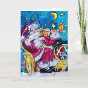 CARTÃO DE FESTIVIDADES CORUJA TOCANDO VIOLINO INSPIRADA NO NATAL DE SANTA