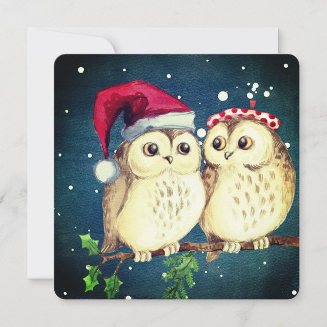 Cartão De Festividades Corujas de Natal doces apaixonadas (Frente)