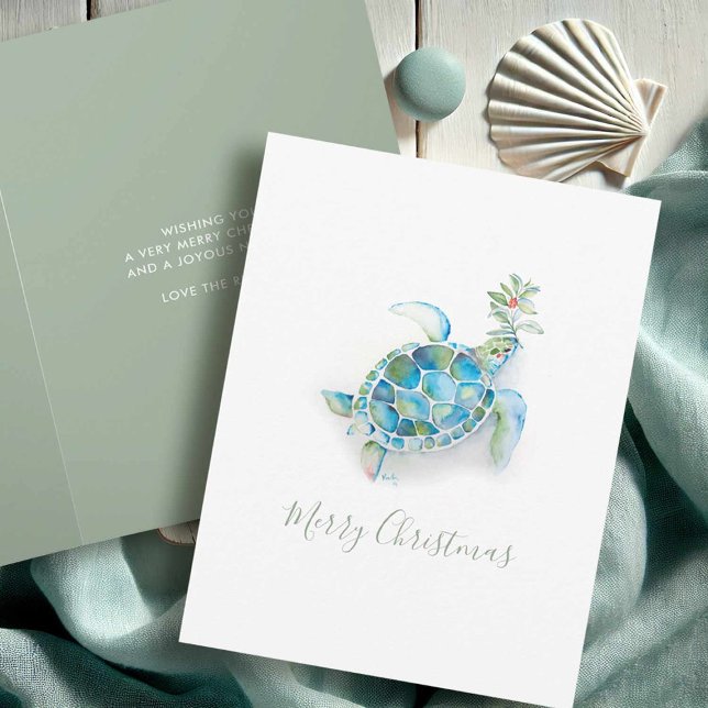 Cartão De Festividades Costeira de Natal Turtle Aquarela (Beach Christmas cards watercolor sea turtle art by Victoria Grigaliunas of Do Tell A Belle)