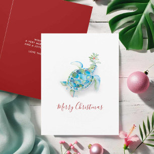 Cartão De Festividades Costeira de Natal Turtle Aquarela