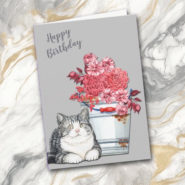 Cartão De Festividades Country Cat and Pink Bouquet Birthday (Criador carregado)