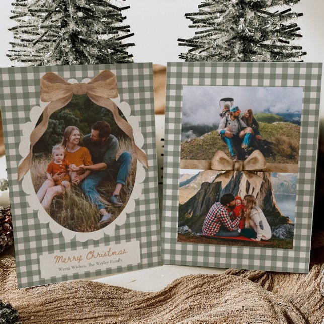 Cartão De Festividades Country Gingham Bow Photo Christmas Card (Criador carregado)
