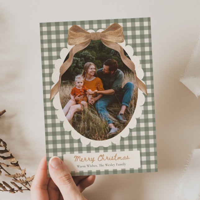 Cartão De Festividades Country Gingham Bow Photo Christmas Card (Criador carregado)