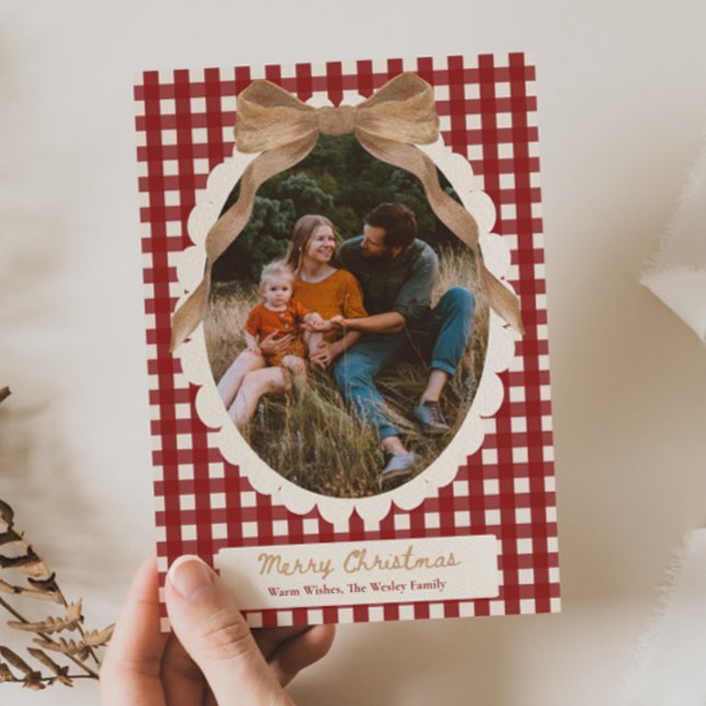 Cartão De Festividades Country Red Gingham Bow Photo Christmas Card (Criador carregado)