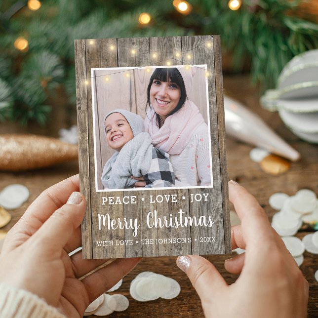 Cartão De Festividades Country Rustic Wood Lights Foto Feliz Natal (Country Rustic Wood Lights Photo Merry Christmas Holiday Card)
