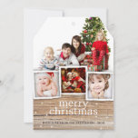 Cartão De Festividades Country Rustic Wood Merry Christmas Photo Card<br><div class="desc">Rustic, weathered wood background and simply stylish typography sets the stage for an elegant country holiday greeting for family and friends. With room for a multi photo collage of your family, this design frames three smaller photos and one large photo with a border of simulated wood grain at the bottom...</div>