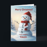 Cartão De Festividades Cousin Christmas Snowman<br><div class="desc">Uma cena festiva de inverno mostrando um bonitão de neve em um chapéu vermelho e cachecol. Deseje ao seu primo um feliz Natal com um belo cartão de boneco de neve.</div>