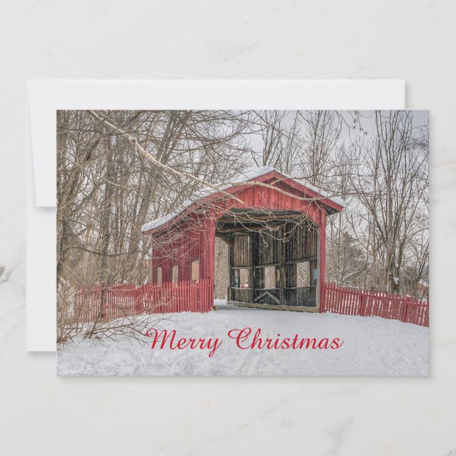 Cartão De Festividades Covered Bridge Red Snow Photo Christmas Flat (Frente)