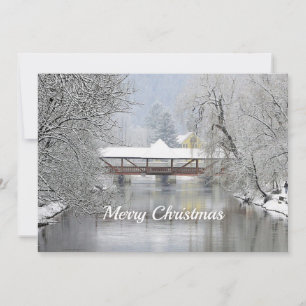 Cartão De Festividades Covered Bridge Snow Photo Christmas Flat
