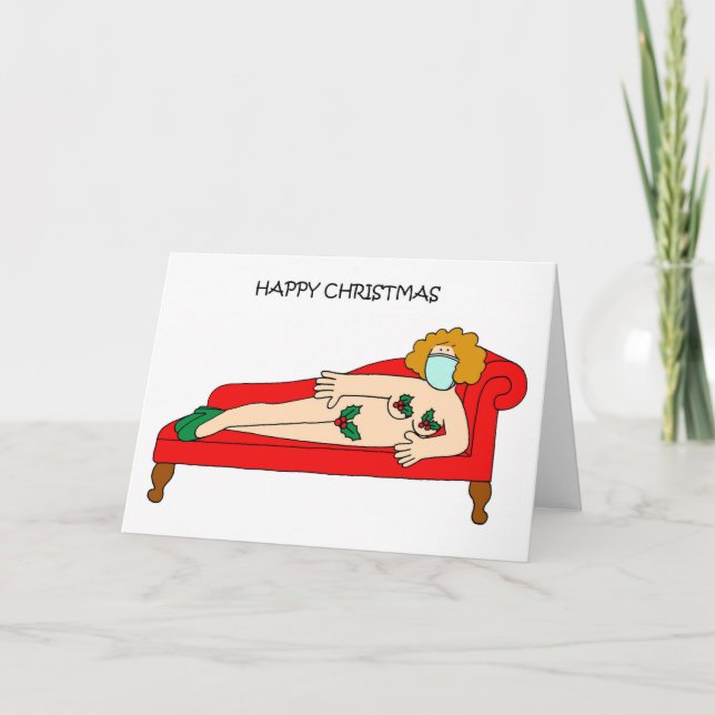 Cartão De Festividades Covid 19 Natal Lady Vestindo Holly Holiday Card (Frente)