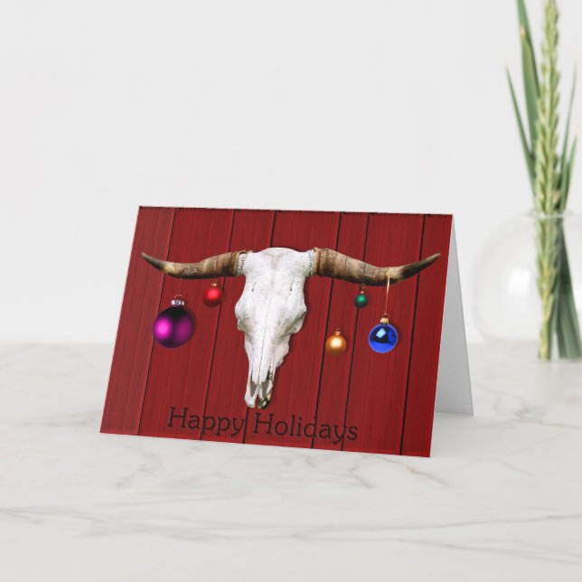 Cartão De Festividades Cow Skull Christmas Ornaments Red Barn Happy Hol (Frente)