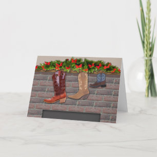 Cartão De Festividades Cowboy Boot Stockings by the Fireplace