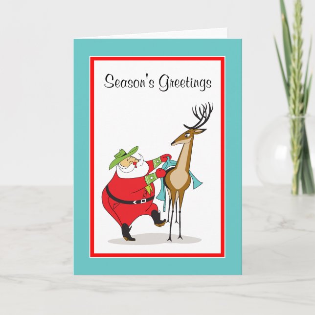 Cartão De Festividades Cowboy Santa and Reindeer Holiday Greeting Card (Frente)