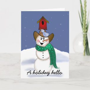 Cartão De Festividades Cowboy Snowman com Birdhouse